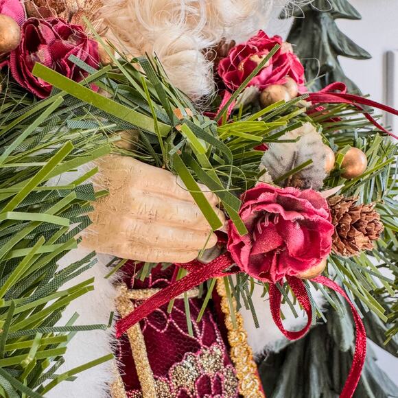 Vintage Burgundy/Gold Santa Claus Tabletop/Treetop Christmas Decor w Garland 16” - Picture 6 of 9